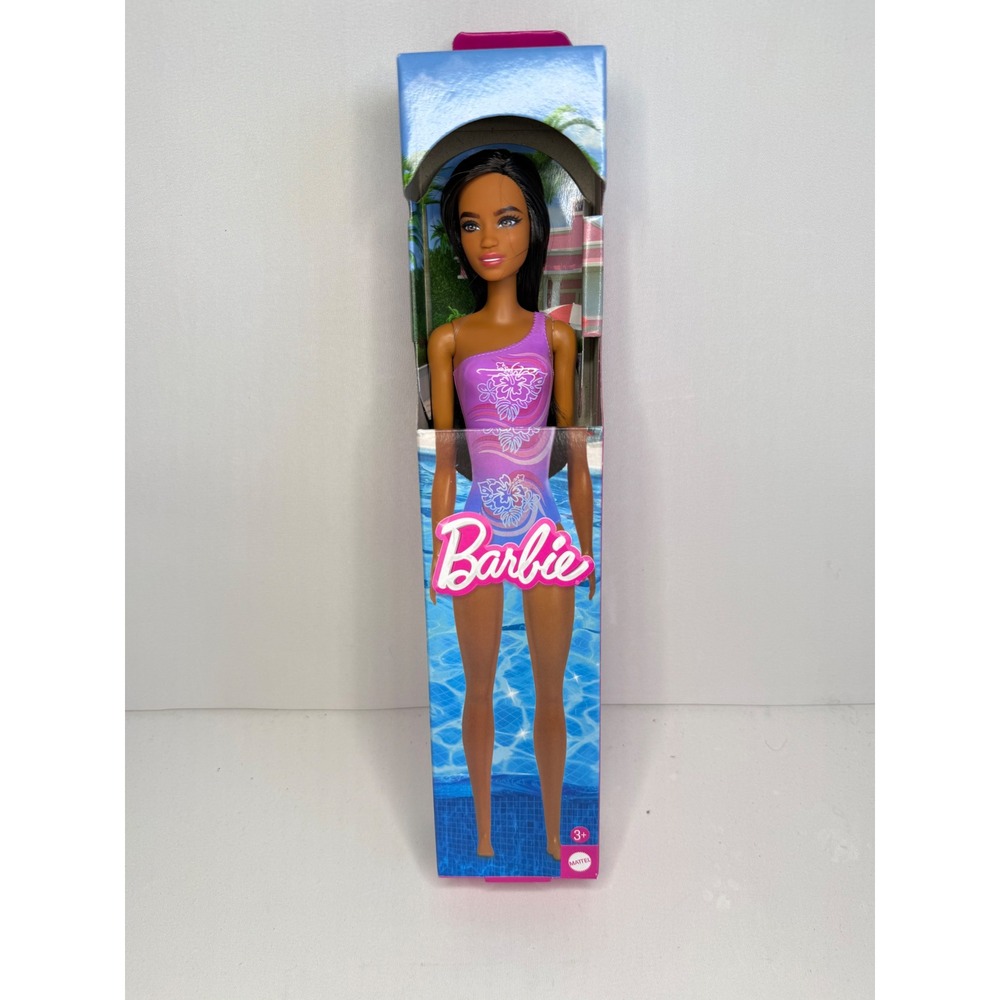 Barbie‎ Beach Doll Brown Hair Swimsuit Purple Tropical Print Beach Pool
